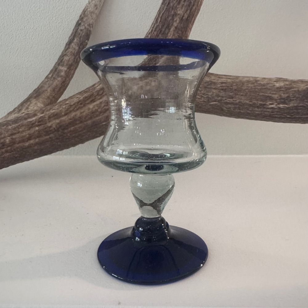 Hand Blown Mexican Glass Goblet Cobalt Blue Rim Pedestal Wine Water Glass 5.5"